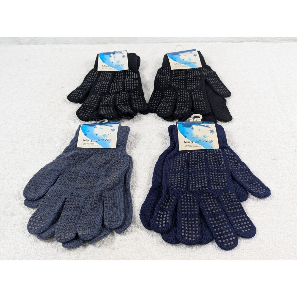 Winter Magic Gloves - Blue & Black - Stretchy Warm Knit - Mens - Womens - 4 Pair